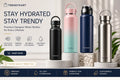 TrendyKart water bottles with various designs and colors on a white background