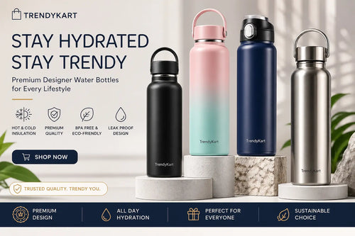 TrendyKart water bottles with various designs and colors on a white background